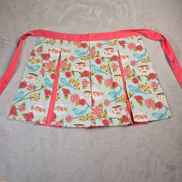 Ritz Apron Half Bluebird Rose Teapot Print Aqua Pink Vintage Cottagecore Kitchen - Picture 2 of 11
